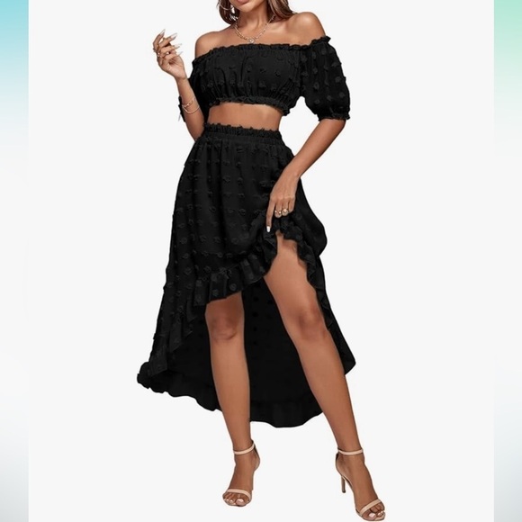 New Lyaner Tulle Polka Dot High Low 2 Piece Set Skirt Crop Top Black Sz M - Picture 1 of 11